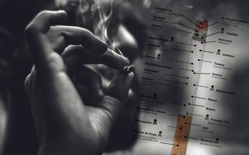 Image montrant en gros plan une personne qui fume avec en superposition un schéma des produits toxiques contenus dans une cigarette