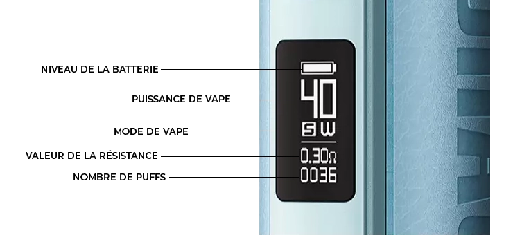 Zoom sur l'écran du pod DRAG H40 Voopoo