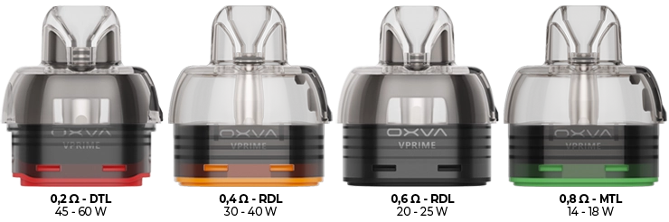 Vue des 4 modèles de cartouches pour le pod VPrime Oxva