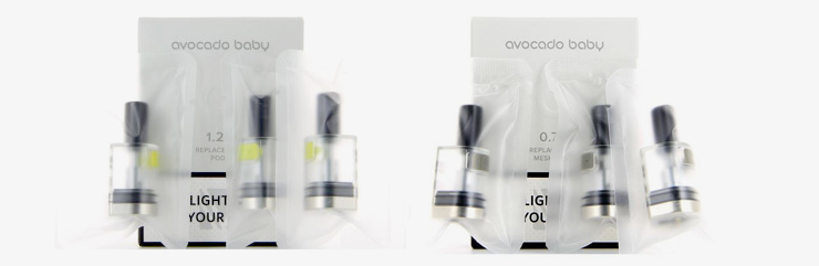 Images des boites de 3 pods en 0,7 et 1,2 ohms pour l’Avocado Baby Vaptio