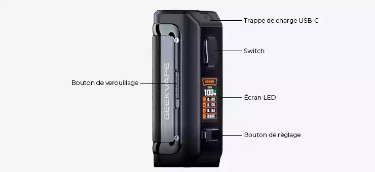 Vue détaillée de la batterie AEGIS M100 Mini 2 de Geek Vape