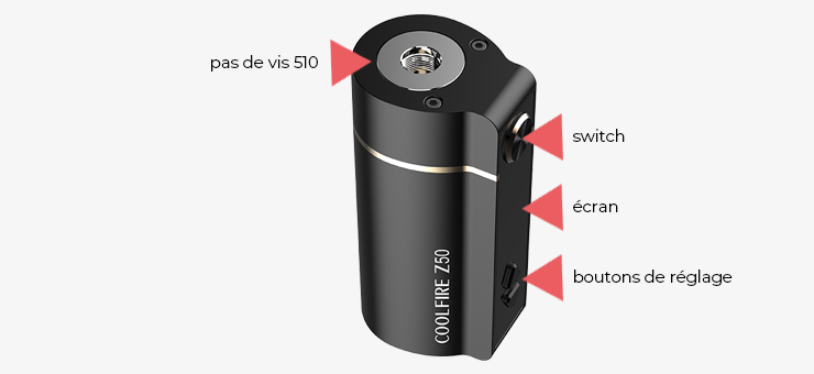 Image présentant les boutons de réglage et le pas de vis 510 de la Coolfire Z50 de chez Innokin