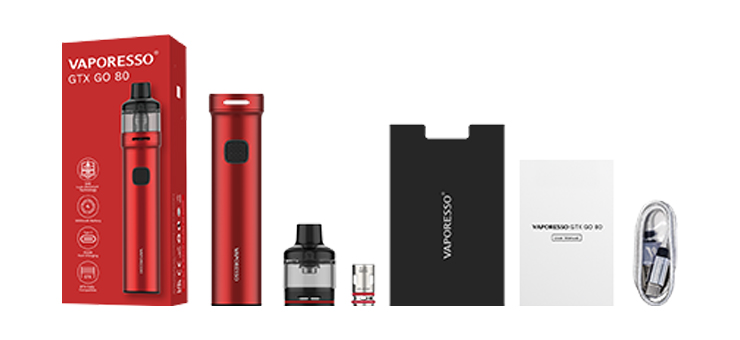 Visuel présentant du contenu de la boîte de la e-cigarette GTX GO 80 de chez Vaporesso