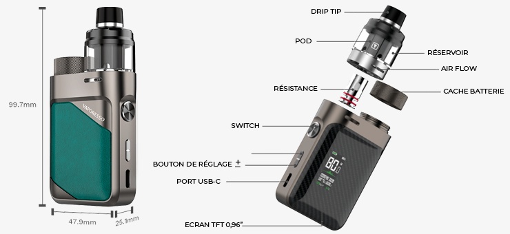 Image de présentation des dimensions du Kit Swag PX80 de chez Vaporesso
