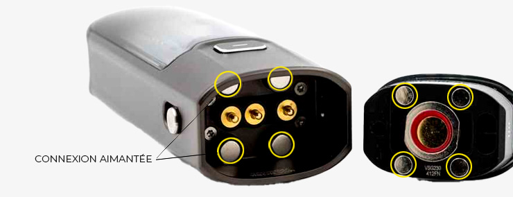 Zoom sur le système de connexion aimantée du pod Vaporesso Luxe XR Max
