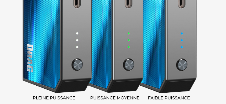 Visuel montrant les 3 niveaux de puissance du pod Drag Nano 2 de chez Voopoo