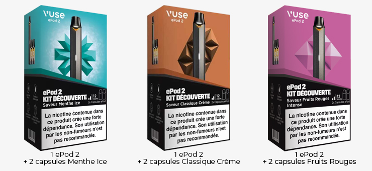 Image présentant les 3 saveurs du Kit ePod 2 Découverte