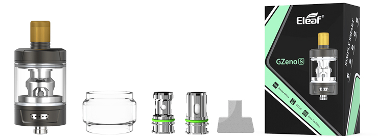 Image présentant la boîte du clearomiseur Eleaf GZeno-S et son contenu